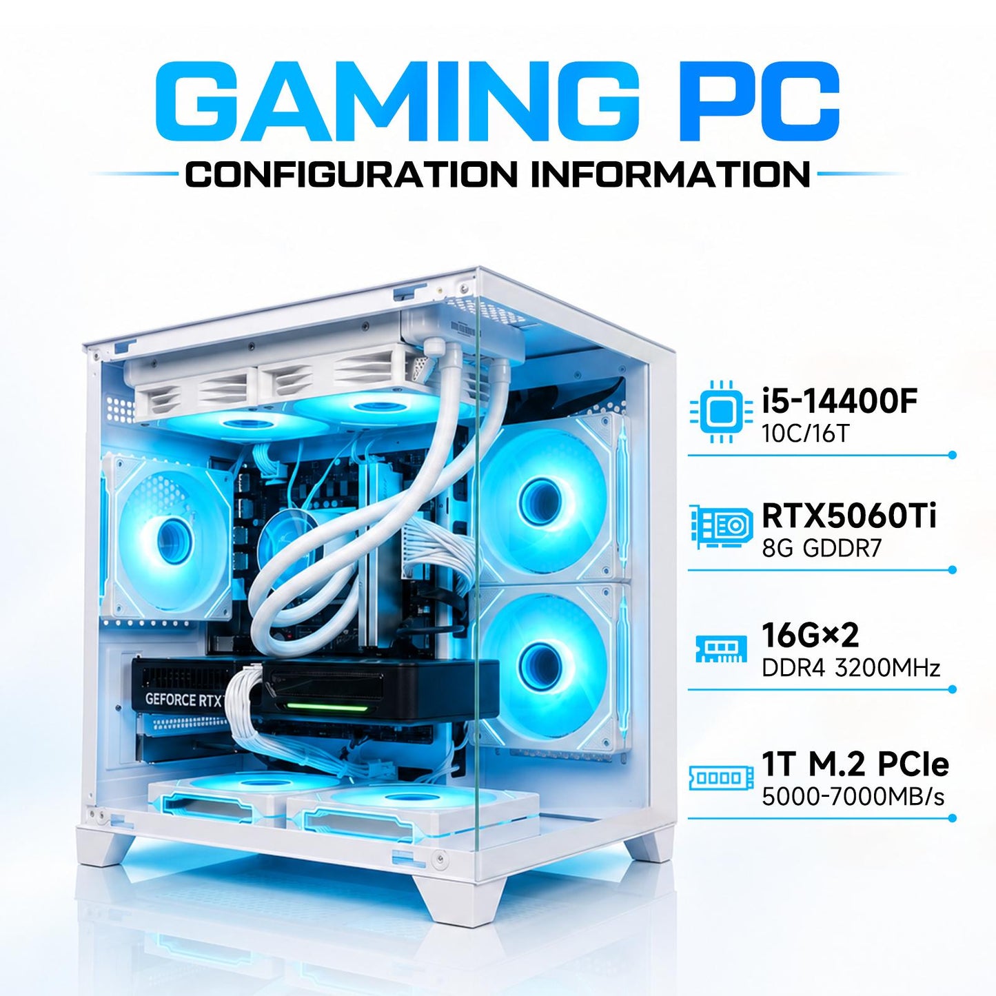 ALCPOK X10 Gaming PC Desktop INTEL Core i5 14400F, NVIDIA RTX 5060Ti 8G DLSS 4, 32GB DDR4 RAM 3200MHz,1TB NVMe PCIe4.0, Wi-Fi6E, Game Design Office console,Sea View Room Windows 11