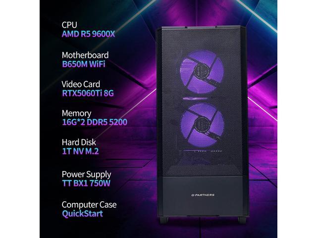 ALCPOK Gaming PC Desktop, AMD Ryzen 5 9600X 6-Core, RTX 5060 Ti 8GB GDDR7 DLSS4, 32GB DDR5 RAM, 1TB NVMe SSD, WiFi Bluetooth, Windows 11 Prebuilt Gaming Computer